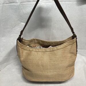 FOSSIL SATCHEL Purse Cream Straw Look, Brown Leather Trim Magnetic Closure